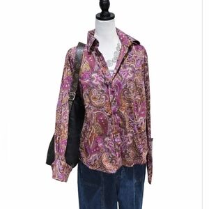Land's End Button Down Top Women's 14 Paisley Boho Shirt Office Preppy Artsy